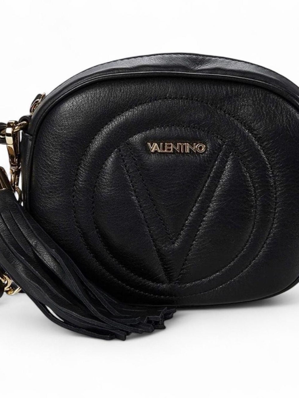 Valentino Black Quilted Leather Circle Crossbody with Tassel - Picture 1 of 8
